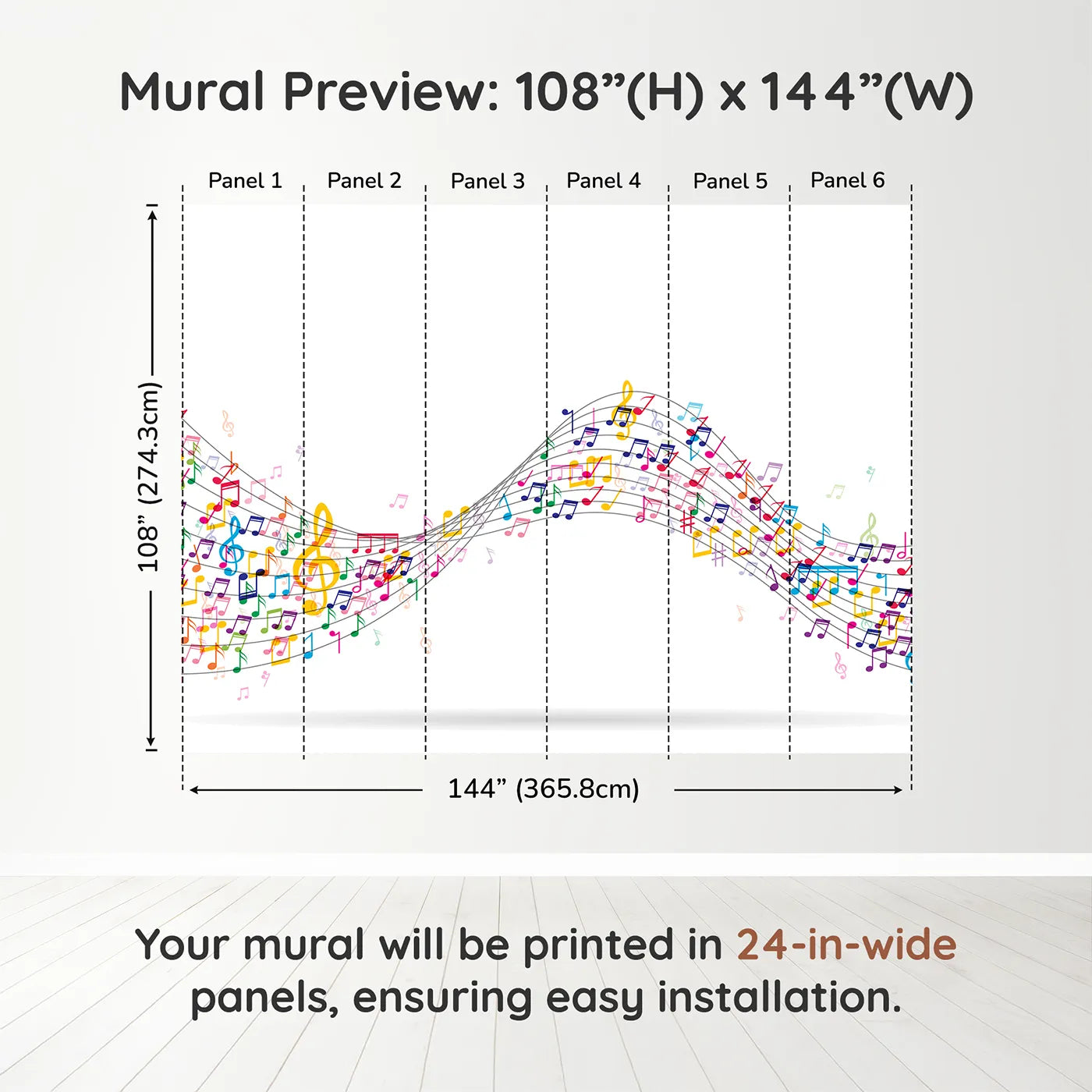 Whimsy Tots Colorful Music Wave Wall Muraldimension view (108" H x 144" W). Printed in six 24-inch-wide panels. Gender-Neutral