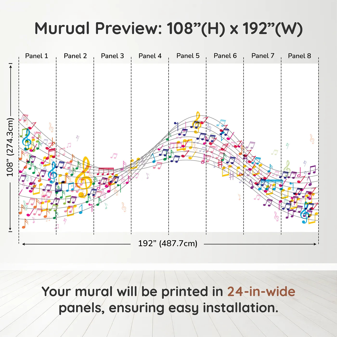 Whimsy Tots Colorful Music Wave Wall Muraldimension view (108" H x 192" W). Printed in eight 24-inch-wide panels. Gender-Neutral