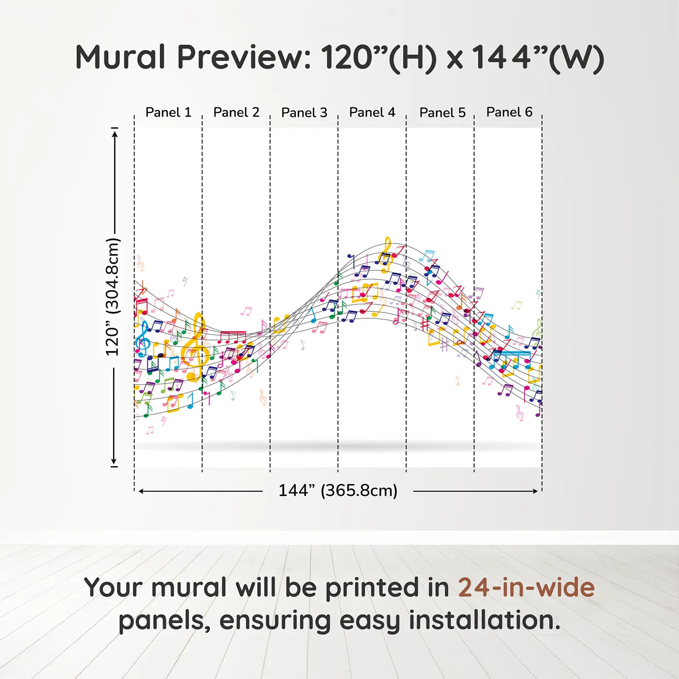 Whimsy Tots Colorful Music Wave Wall Muraldimension view (120" H x 144" W). Printed in six 24-inch-wide panels. Gender-Neutral