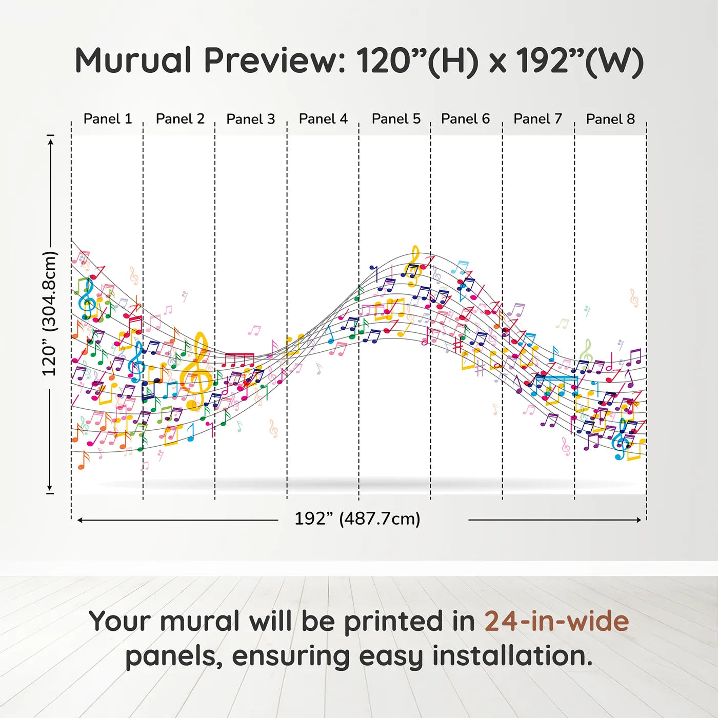 Whimsy Tots Colorful Music Wave Wall Muraldimension view (120" H x 192" W). Printed in eight 24-inch-wide panels. Gender-Neutral