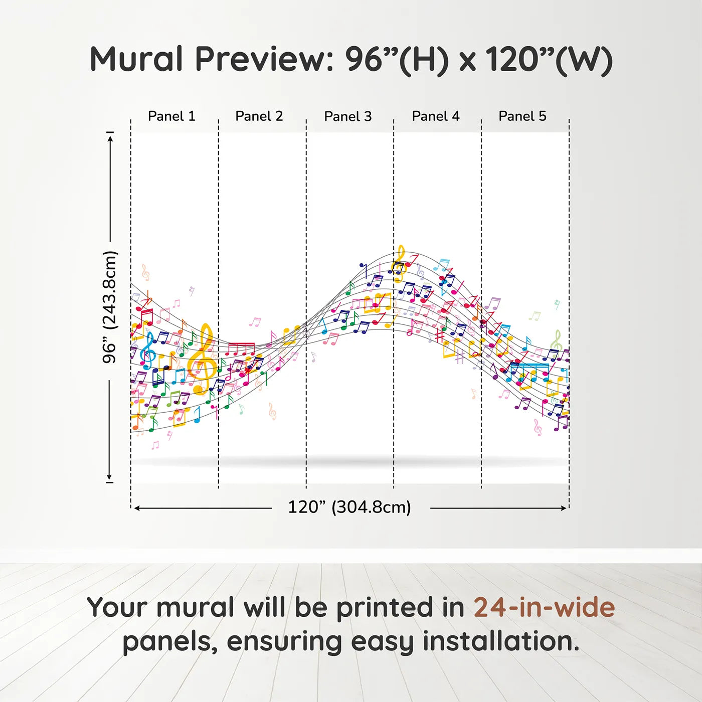 Whimsy Tots Colorful Music Wave Wall Muraldimension view (96" H x 120" W). Printed in five 24-inch-wide panels. Gender-Neutral