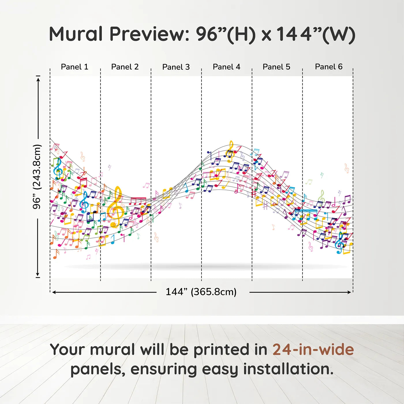 Whimsy Tots Colorful Music Wave Wall Muraldimension view (96" H x 144" W). Printed in six 24-inch-wide panels. Gender-Neutral