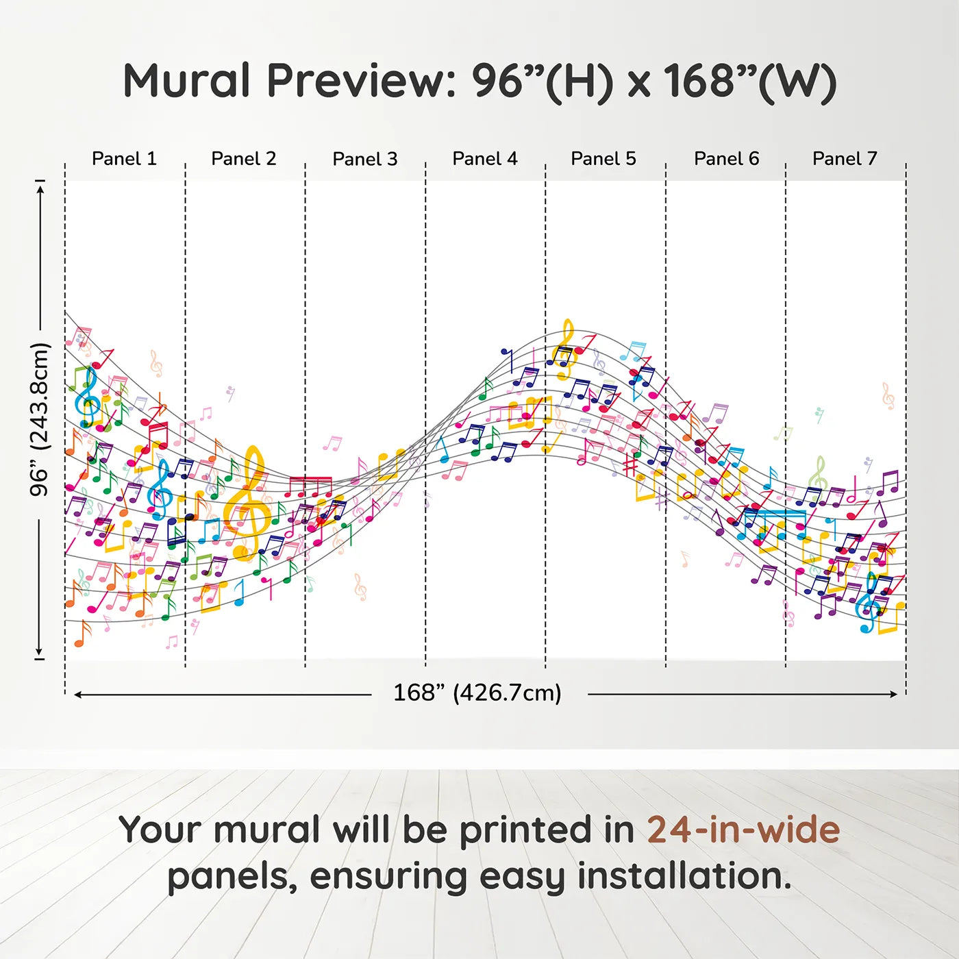 Whimsy Tots Colorful Music Wave Wall Muraldimension view (96" H x 168" W). Printed in seven 24-inch-wide panels. Gender-Neutral