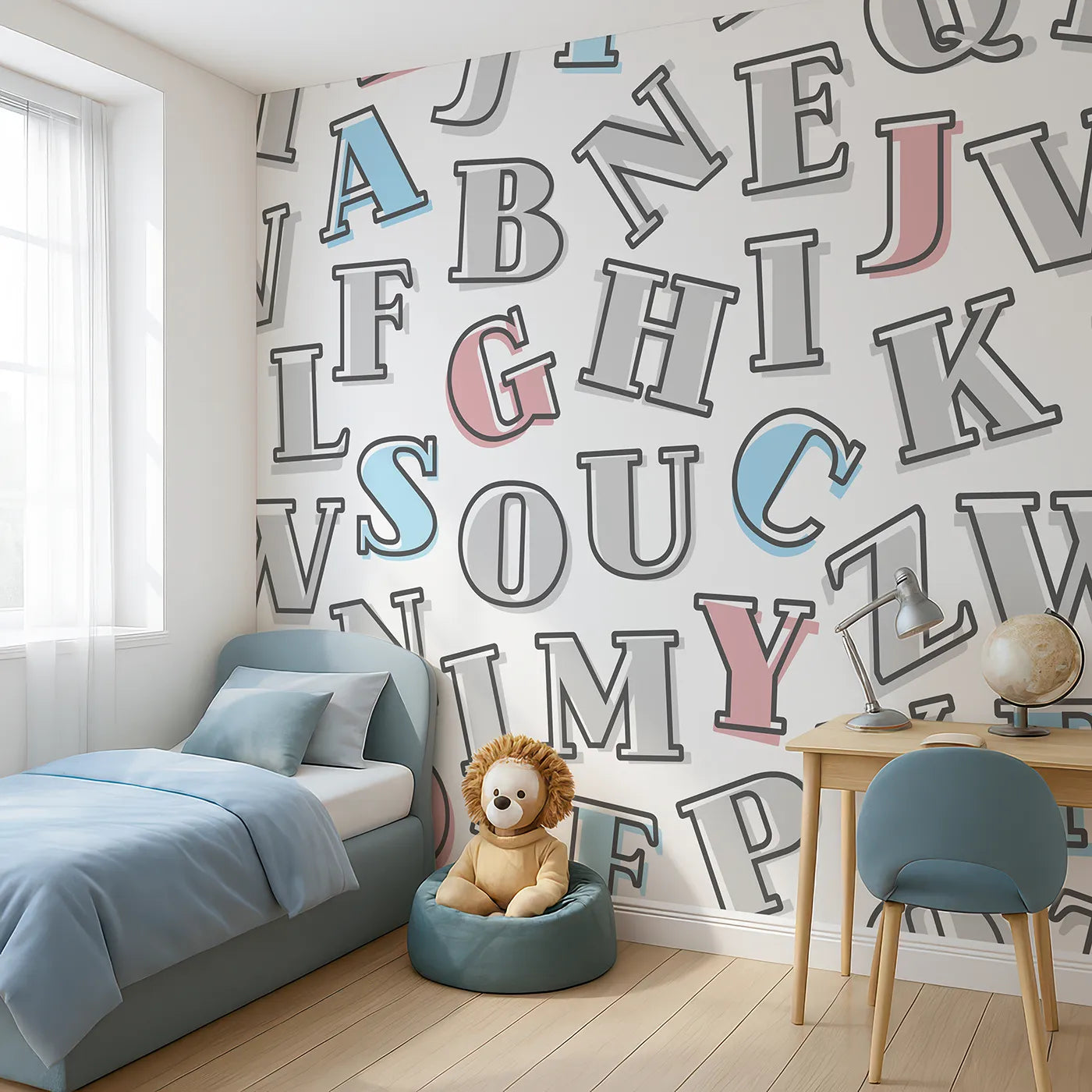 Angled view of Whimsy Tots' Retro Alphabet Wall Mural (Turn Their Room into a Playground for Words).Gender-Neutral