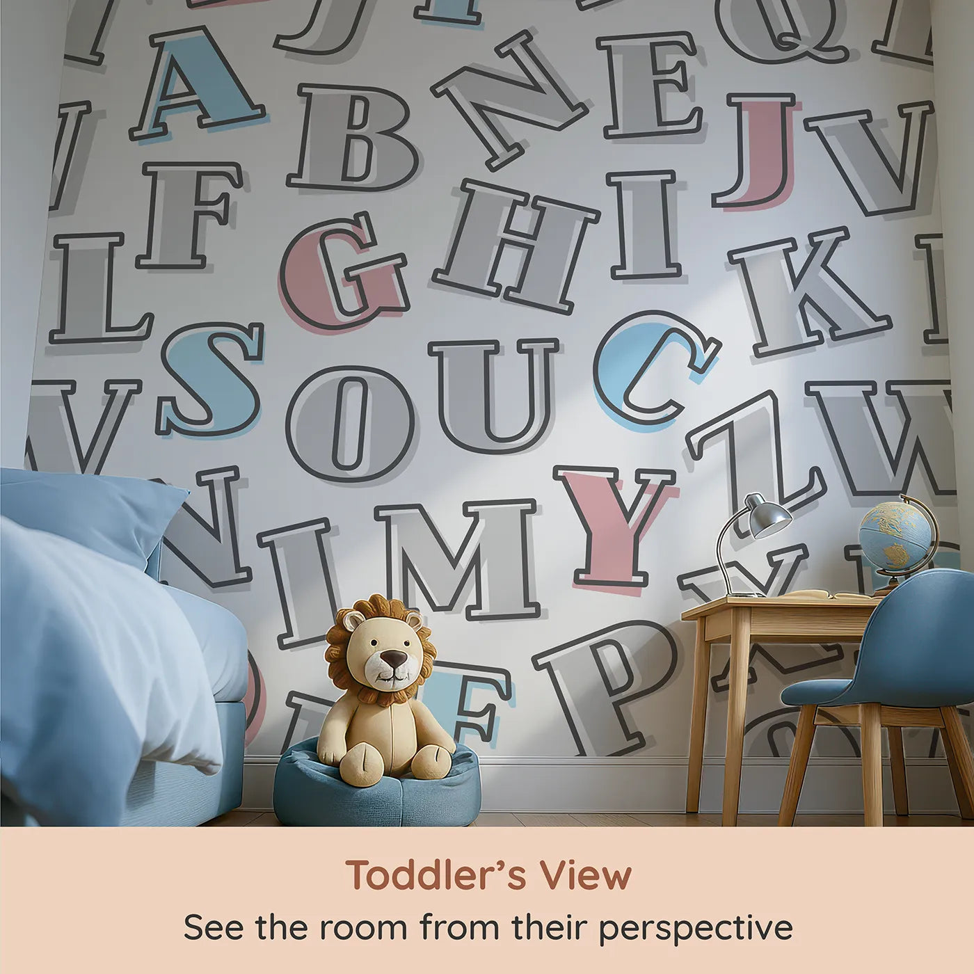 Whimsy Tots Retro Alphabet Wall Mural (Turn Their Room into a Playground for Words) from your child's view.Gender-Neutral