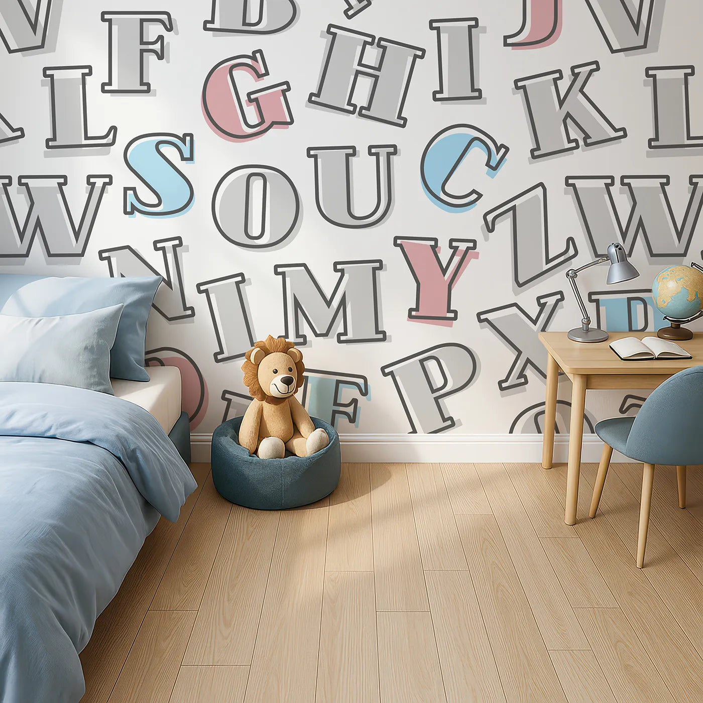 Top-down view of Whimsy Tots' Retro Alphabet Wall Mural (Turn Their Room into a Playground for Words).Gender-Neutral