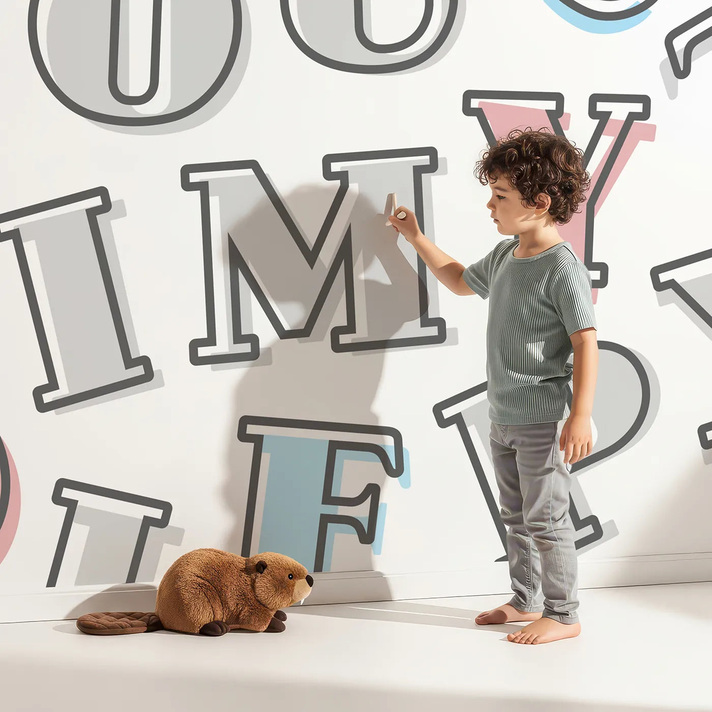 Child in front of Whimsy Tots Retro Alphabet Wall Mural with alphabet, letter, abc, typography, learn, reading, retro in design.