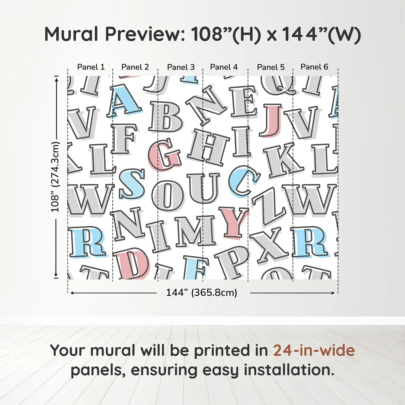 Whimsy Tots Retro Alphabet Wall Muraldimension view (108" H x 144" W). Printed in six 24-inch-wide panels. Gender-Neutral