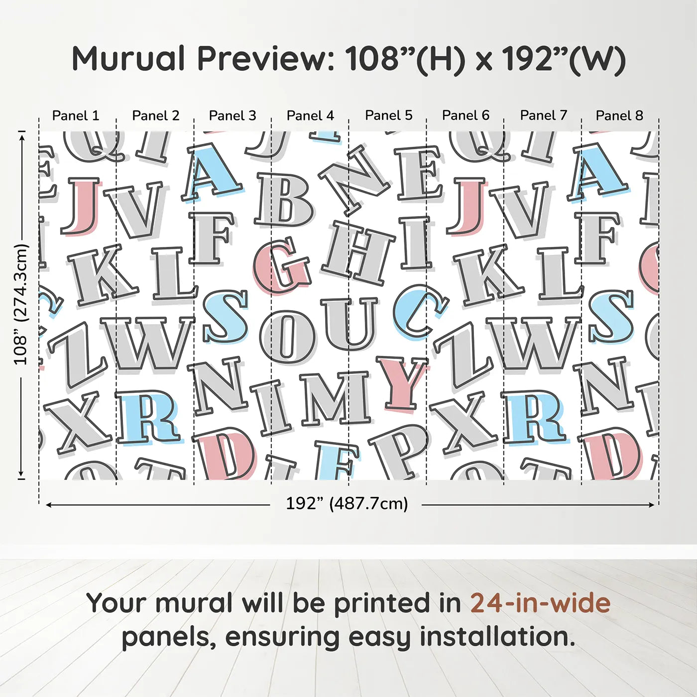 Whimsy Tots Retro Alphabet Wall Muraldimension view (108" H x 192" W). Printed in eight 24-inch-wide panels. Gender-Neutral