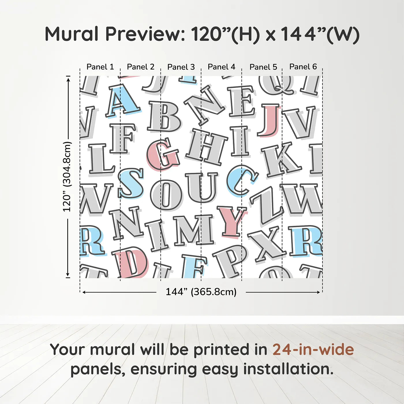 Whimsy Tots Retro Alphabet Wall Muraldimension view (120" H x 144" W). Printed in six 24-inch-wide panels. Gender-Neutral