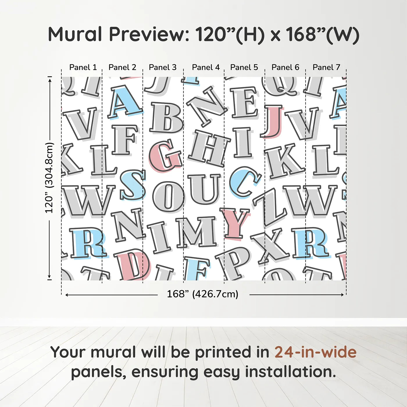 Whimsy Tots Retro Alphabet Wall Muraldimension view (120" H x 168" W). Printed in seven 24-inch-wide panels. Gender-Neutral