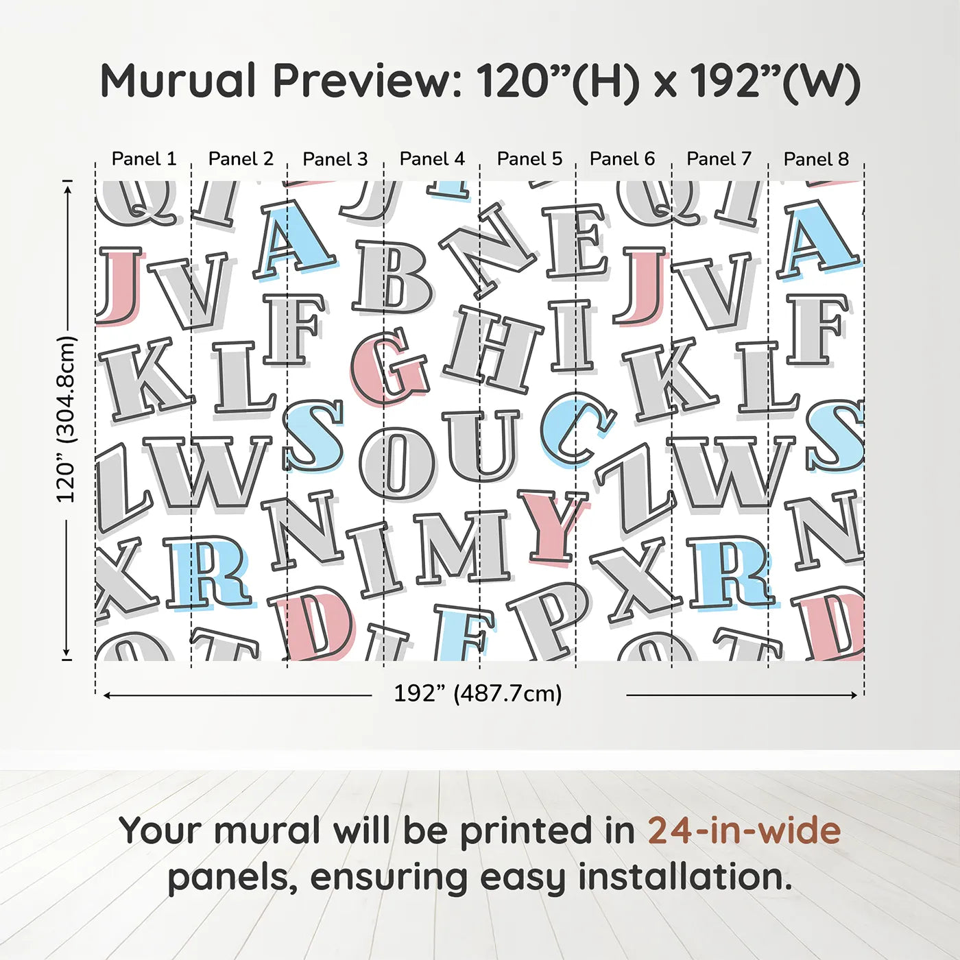 Whimsy Tots Retro Alphabet Wall Muraldimension view (120" H x 192" W). Printed in eight 24-inch-wide panels. Gender-Neutral