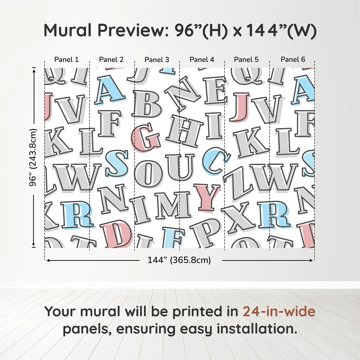 Whimsy Tots Retro Alphabet Wall Muraldimension view (96" H x 144" W). Printed in six 24-inch-wide panels. Gender-Neutral