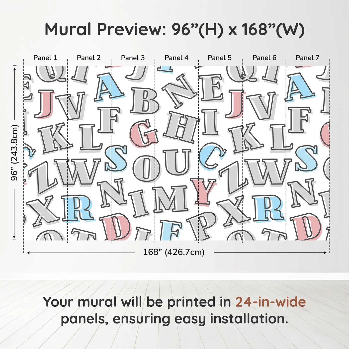 Whimsy Tots Retro Alphabet Wall Muraldimension view (96" H x 168" W). Printed in seven 24-inch-wide panels. Gender-Neutral
