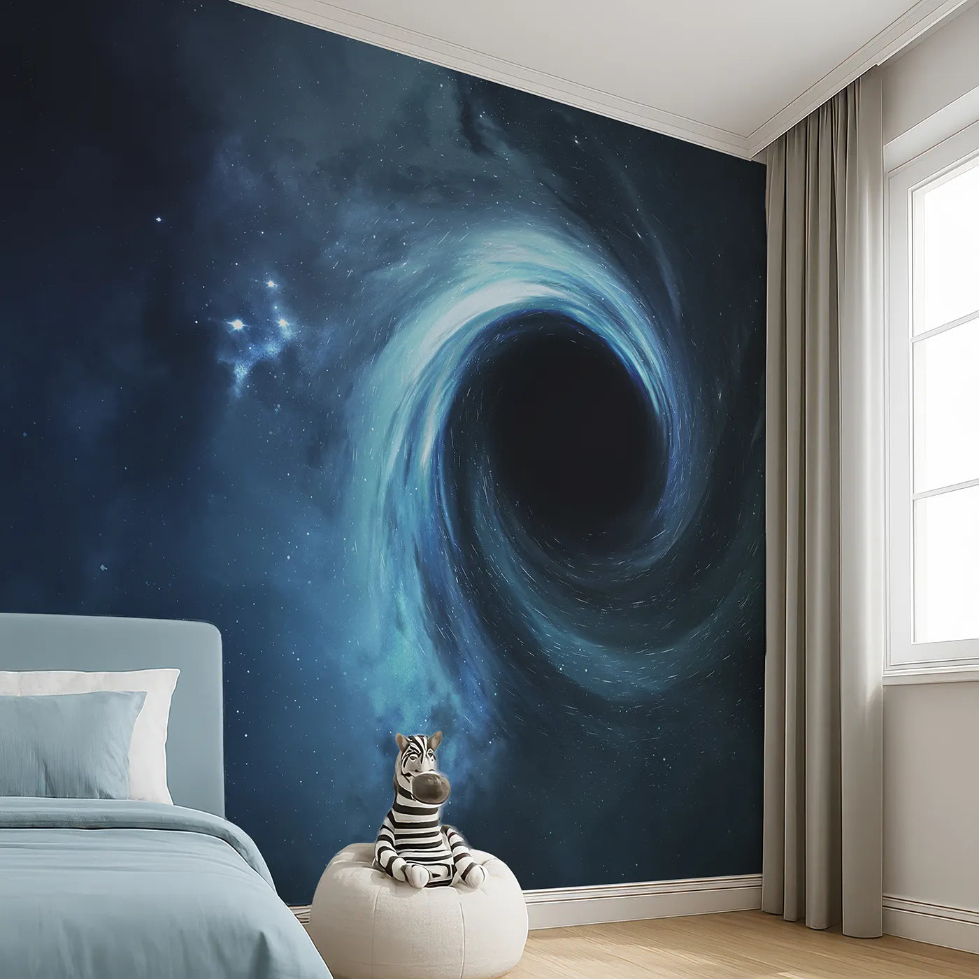 Angled view of Whimsy Tots' Black Hole Wall Mural (Turn Their Room into a Mind-Bending Cosmic Journey).Gender-Neutral