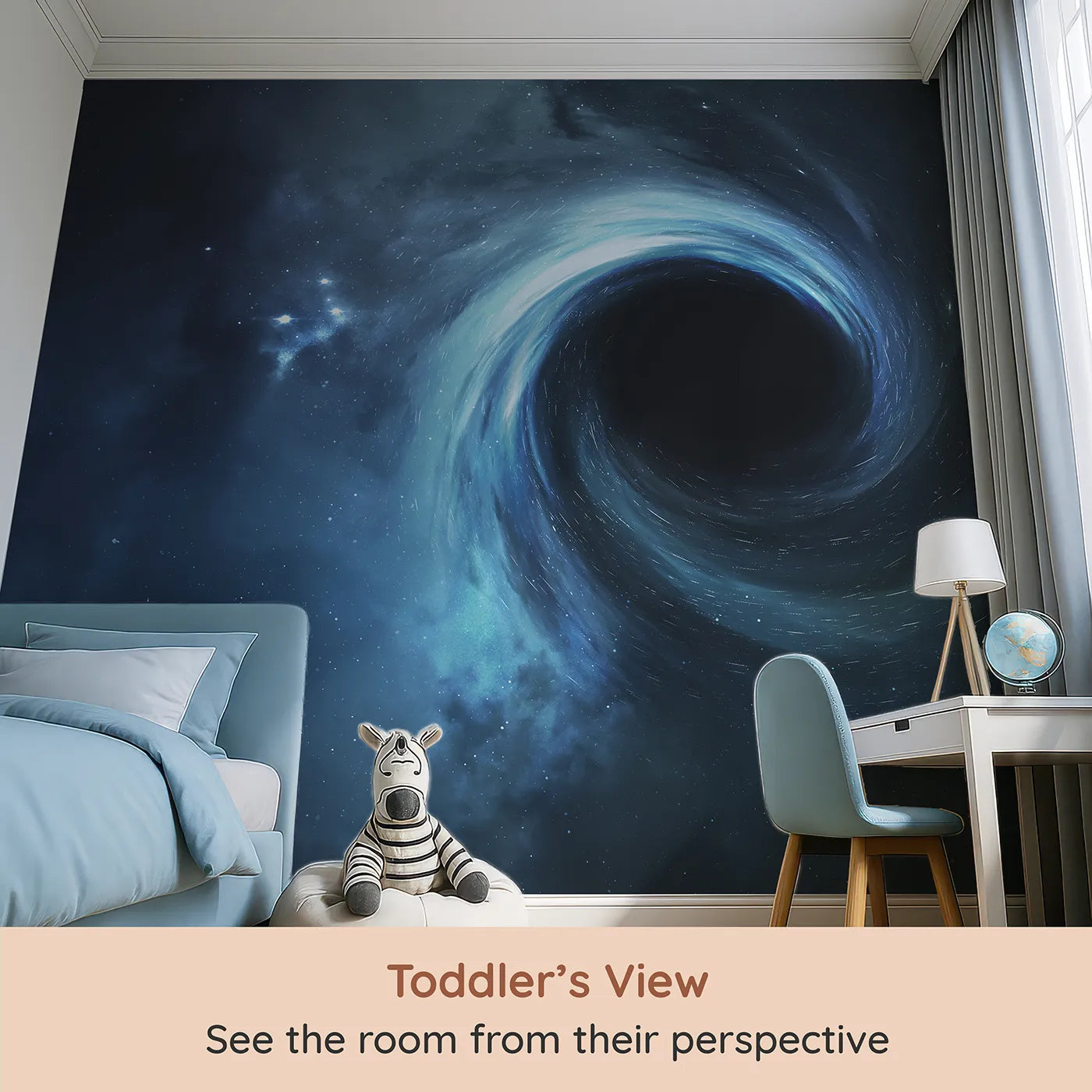 Whimsy Tots Black Hole Wall Mural (Turn Their Room into a Mind-Bending Cosmic Journey) from your child's view.Gender-Neutral
