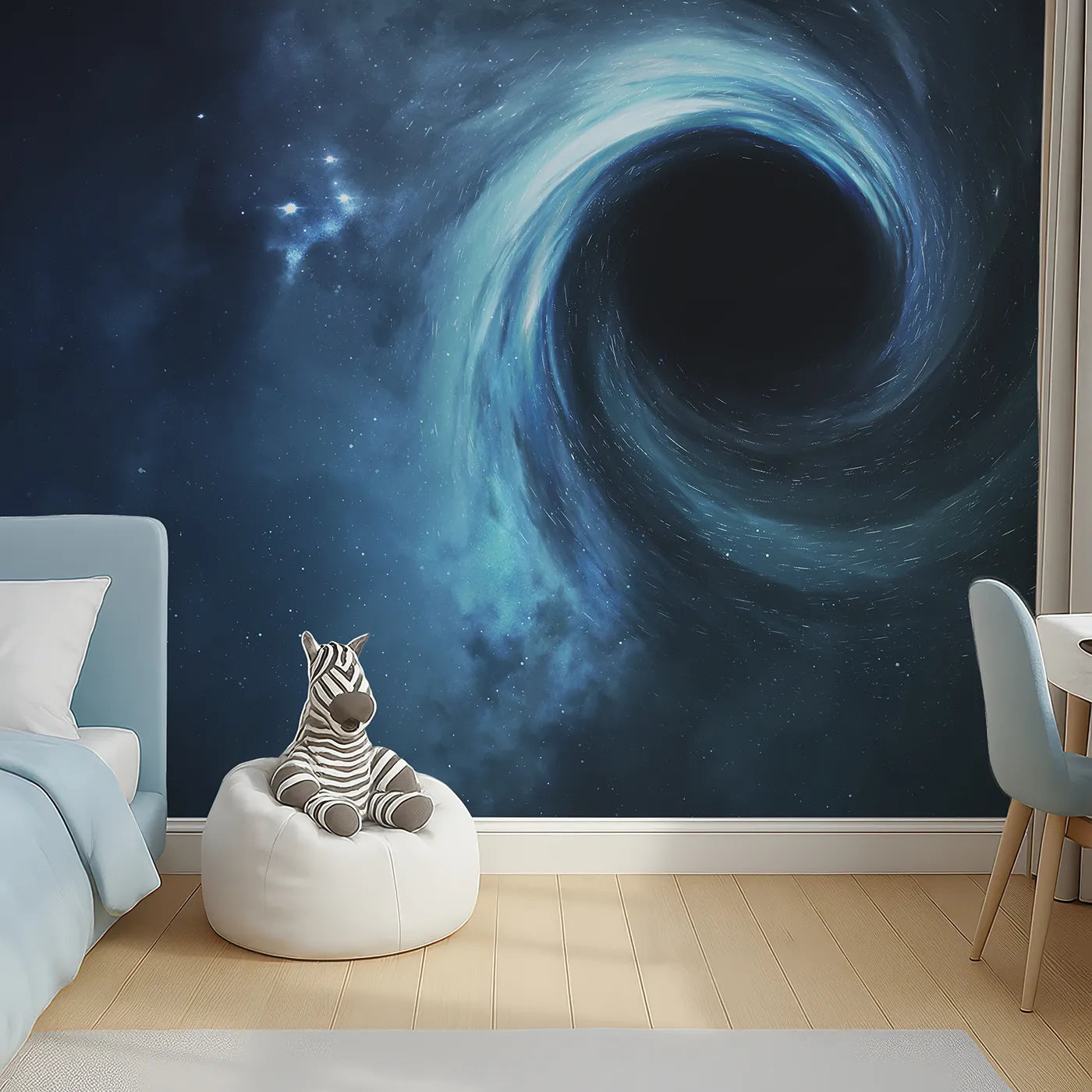 Top-down view of Whimsy Tots' Black Hole Wall Mural (Turn Their Room into a Mind-Bending Cosmic Journey).Gender-Neutral