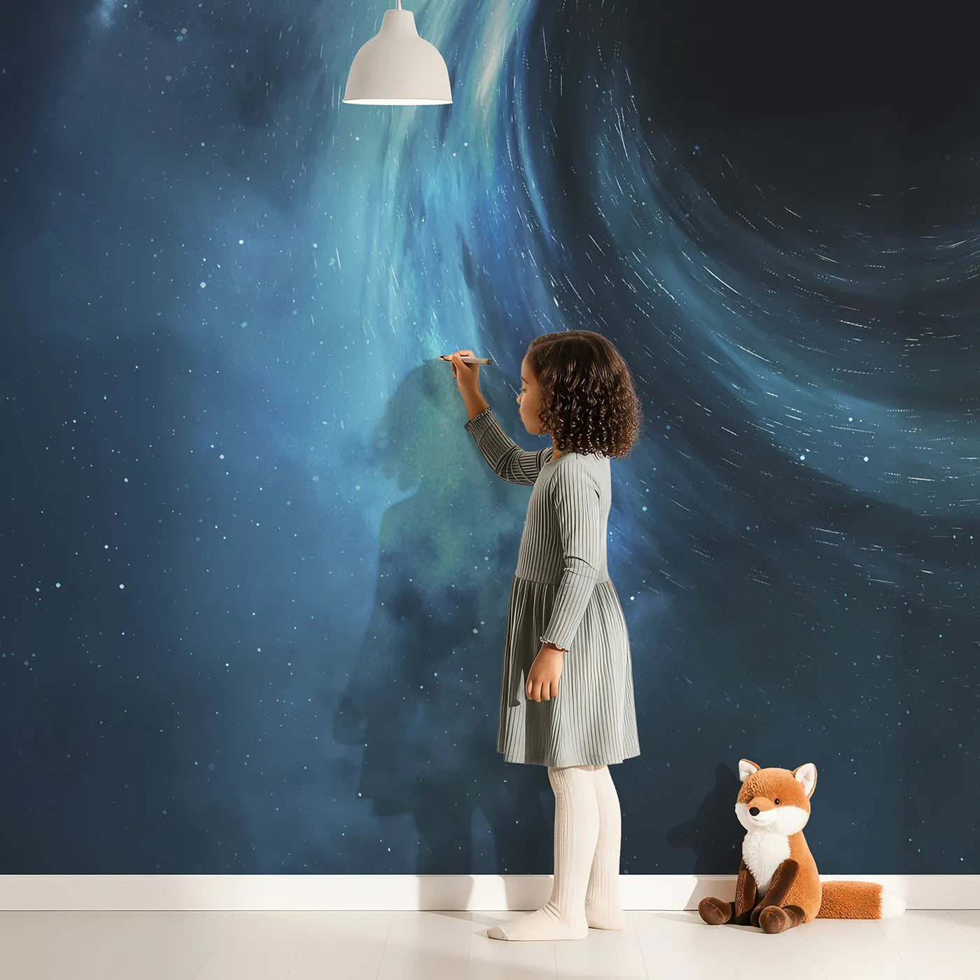 Child in front of Whimsy Tots Black Hole Wall Mural with black hole, space, nebula, star, science, astronomy, cosmos, galaxy in design.
