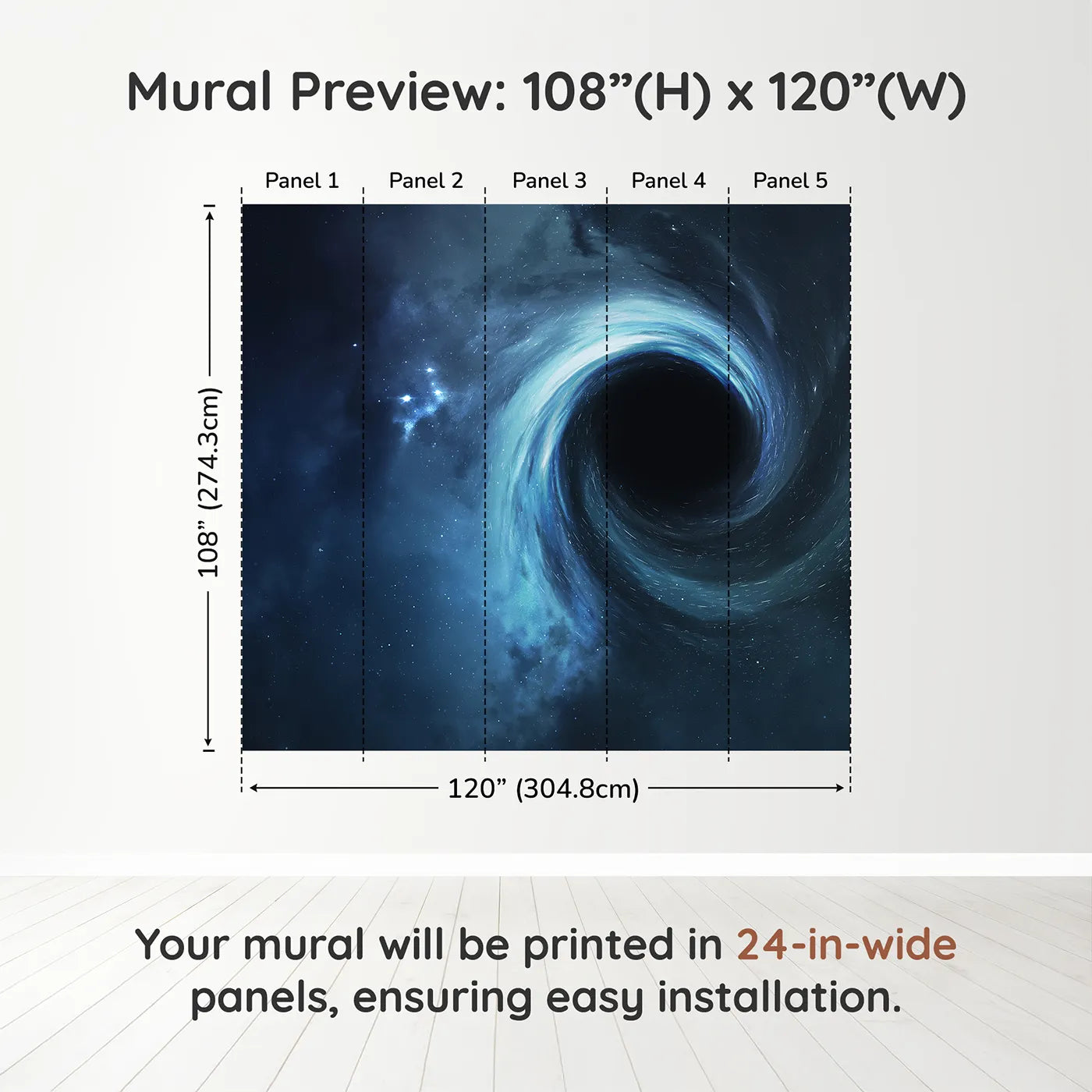 Whimsy Tots Black Hole Wall Muraldimension view (108" H x 120" W). Printed in five 24-inch-wide panels. Gender-Neutral