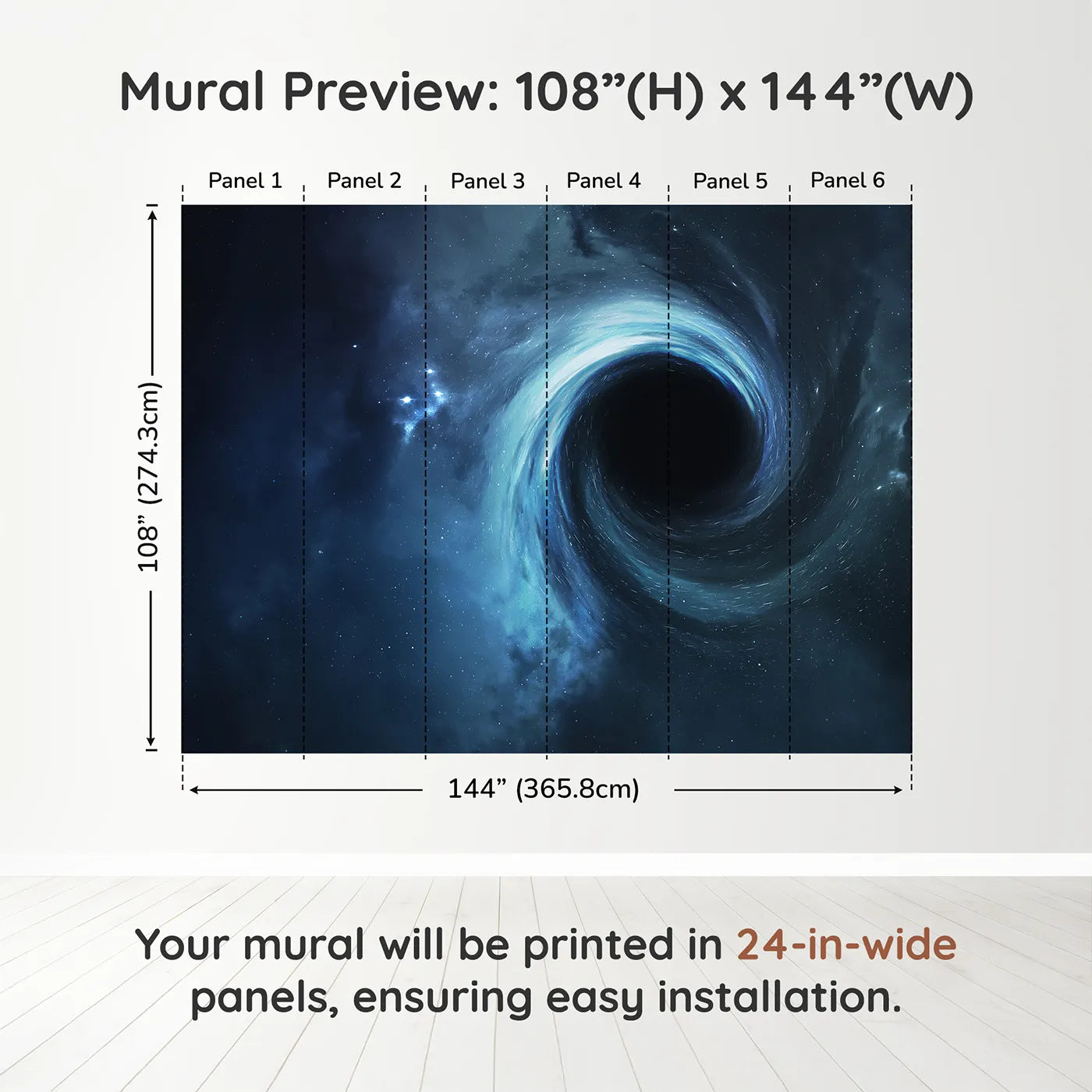 Whimsy Tots Black Hole Wall Muraldimension view (108" H x 144" W). Printed in six 24-inch-wide panels. Gender-Neutral