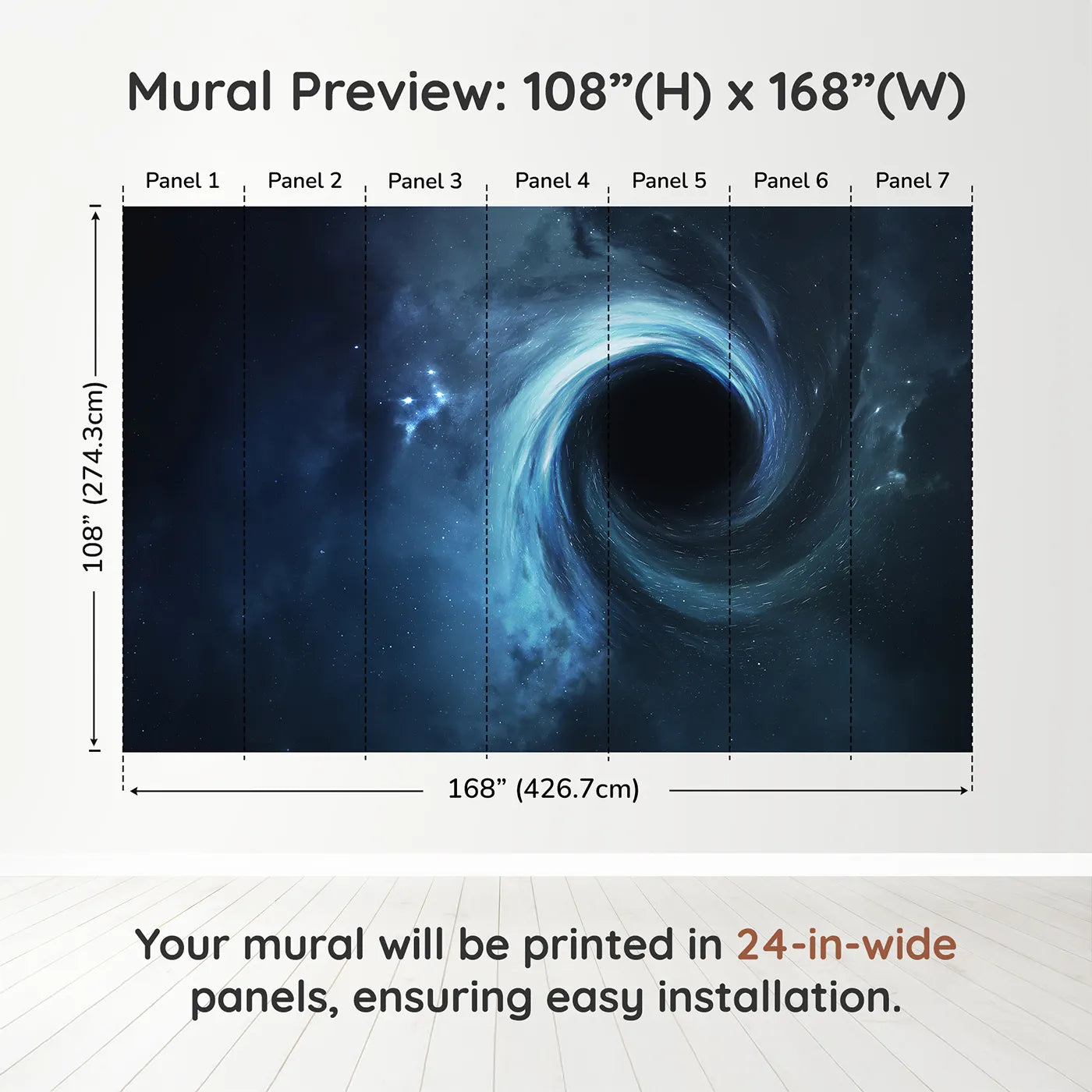 Whimsy Tots Black Hole Wall Muraldimension view (108" H x 168" W). Printed in seven 24-inch-wide panels. Gender-Neutral