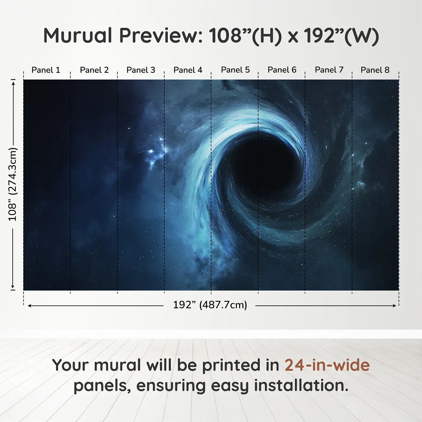 Whimsy Tots Black Hole Wall Muraldimension view (108" H x 192" W). Printed in eight 24-inch-wide panels. Gender-Neutral