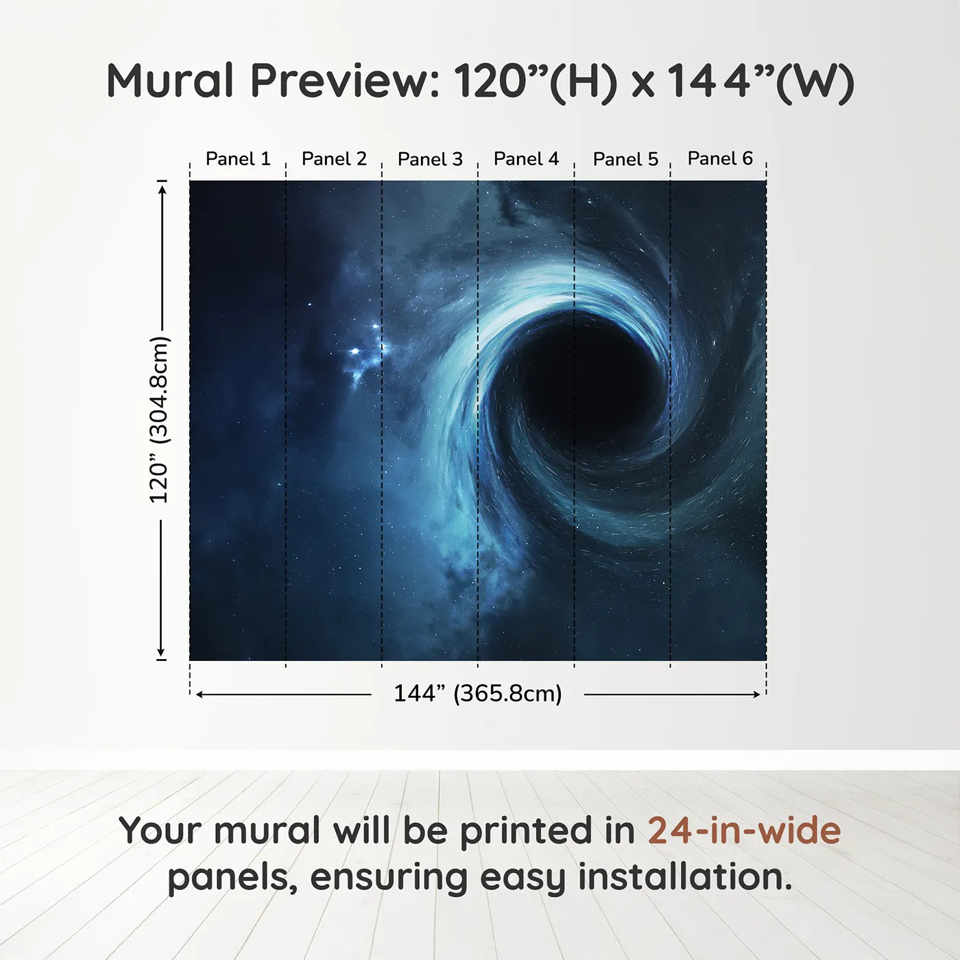 Whimsy Tots Black Hole Wall Muraldimension view (120" H x 144" W). Printed in six 24-inch-wide panels. Gender-Neutral