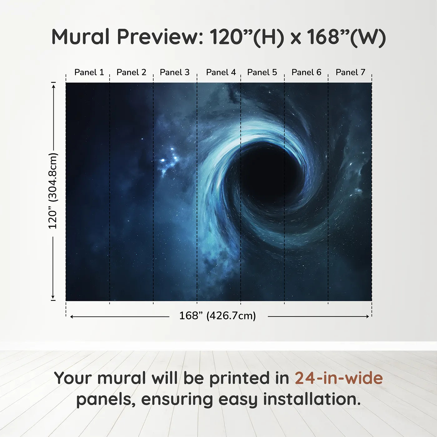 Whimsy Tots Black Hole Wall Muraldimension view (120" H x 168" W). Printed in seven 24-inch-wide panels. Gender-Neutral