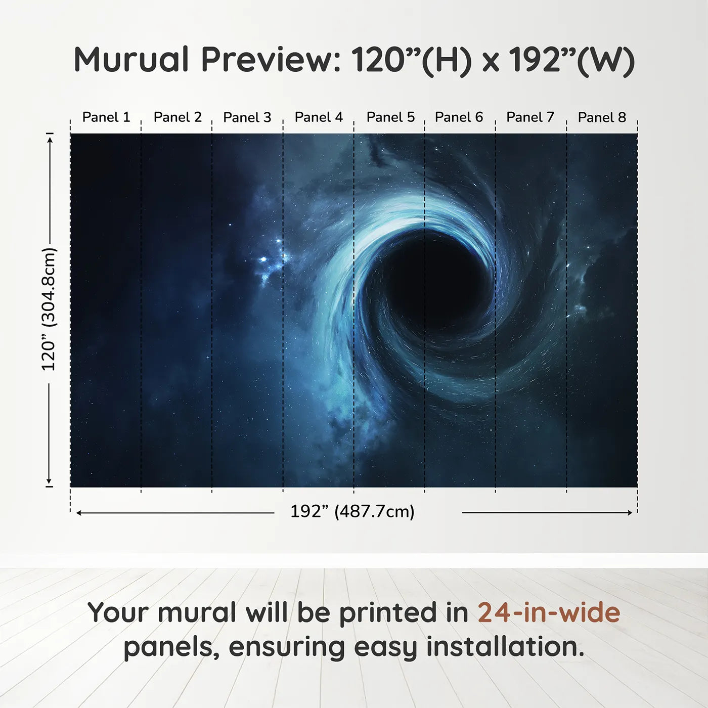 Whimsy Tots Black Hole Wall Muraldimension view (120" H x 192" W). Printed in eight 24-inch-wide panels. Gender-Neutral