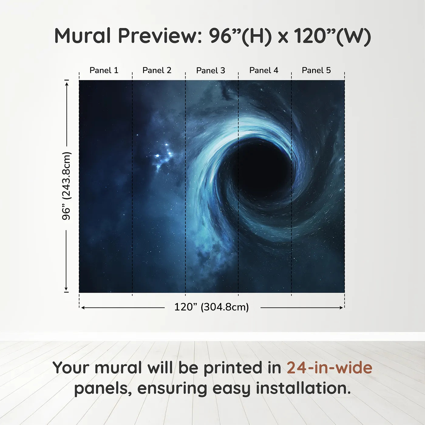 Whimsy Tots Black Hole Wall Muraldimension view (96" H x 120" W). Printed in five 24-inch-wide panels. Gender-Neutral