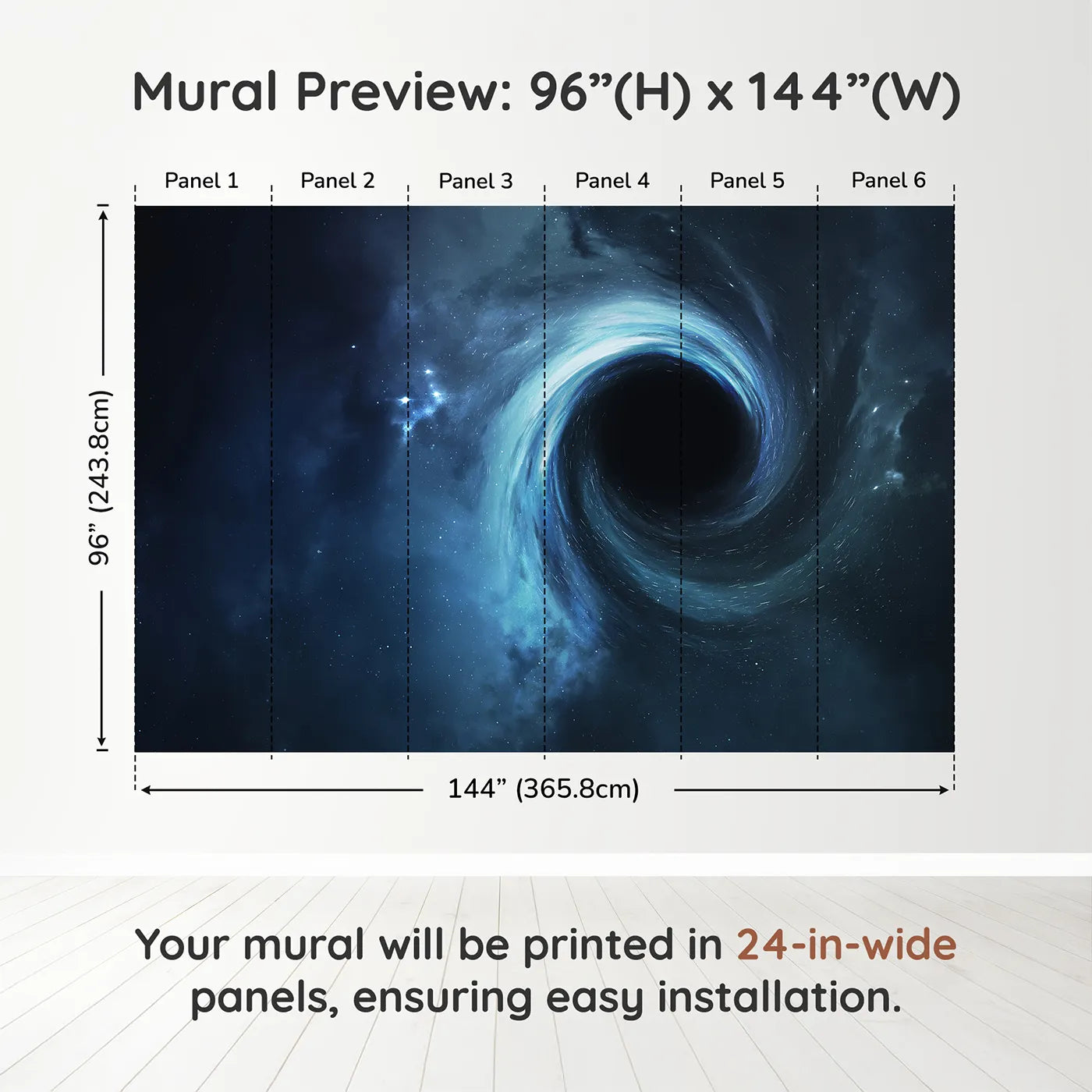 Whimsy Tots Black Hole Wall Muraldimension view (96" H x 144" W). Printed in six 24-inch-wide panels. Gender-Neutral
