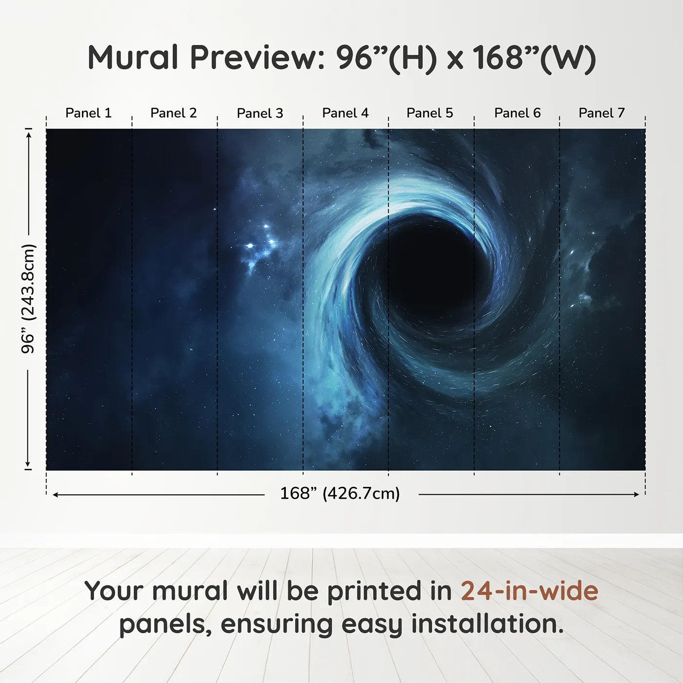 Whimsy Tots Black Hole Wall Muraldimension view (96" H x 168" W). Printed in seven 24-inch-wide panels. Gender-Neutral