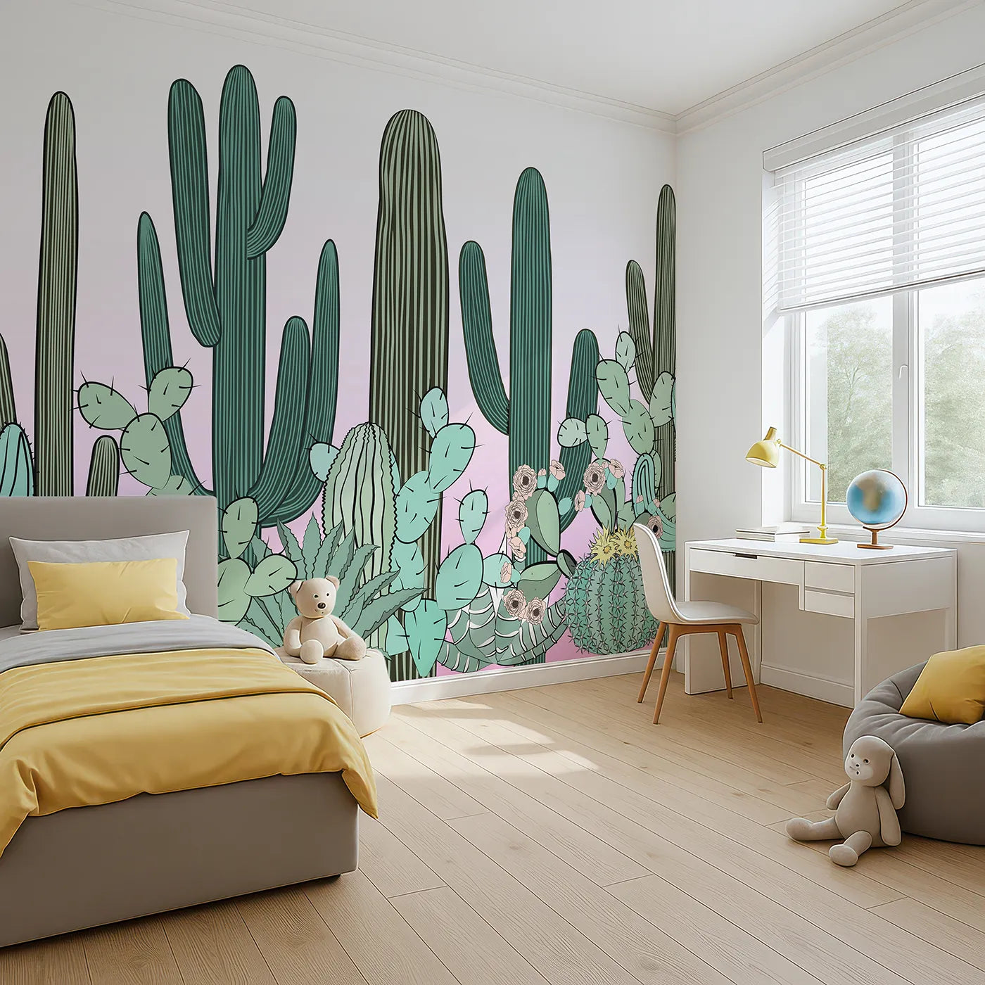 Angled view of Whimsy Tots' Cactus Garden Border Wall Mural (Turn Their Room into a Stylish Desert Oasis).Gender-Neutral