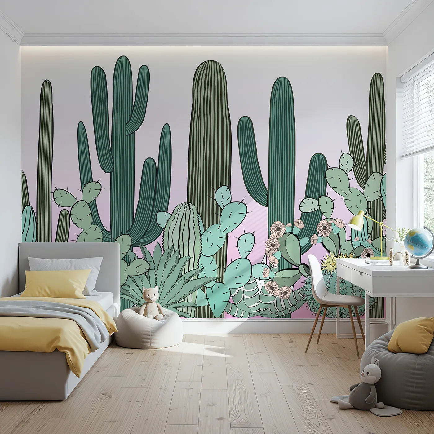 Front view of Whimsy Tots' Cactus Garden Border Wall Mural