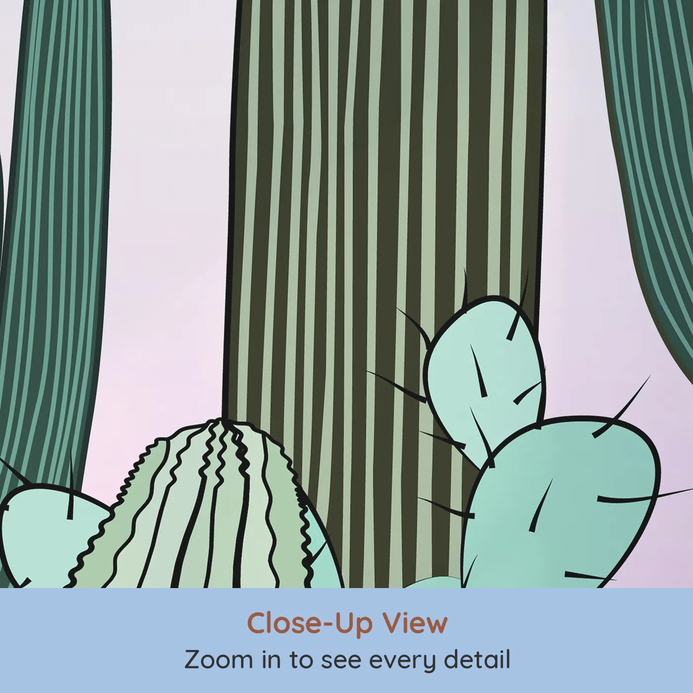 Close-up view of Whimsy Tots' Cactus Garden Border Wall Mural (Turn Their Room into a Stylish Desert Oasis).Gender-Neutral