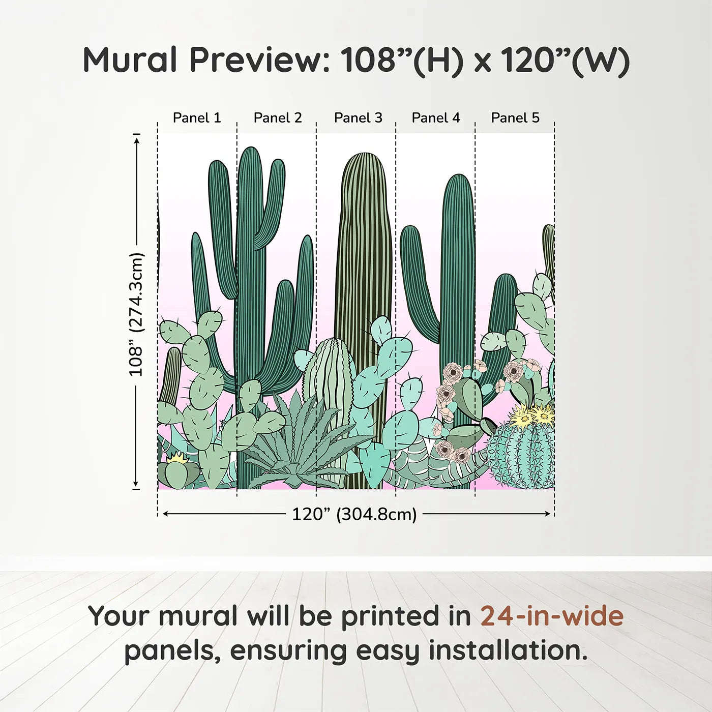 Whimsy Tots Cactus Garden Border Wall Muraldimension view (108" H x 120" W). Printed in five 24-inch-wide panels. Gender-Neutral