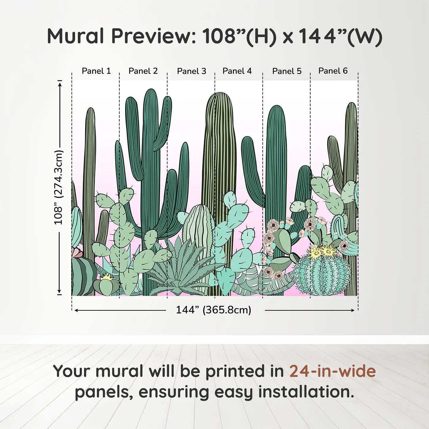 Whimsy Tots Cactus Garden Border Wall Muraldimension view (108" H x 144" W). Printed in six 24-inch-wide panels. Gender-Neutral