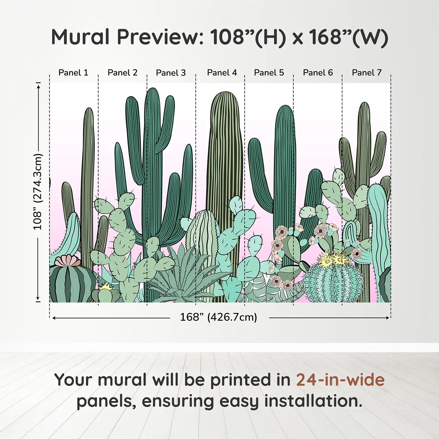 Whimsy Tots Cactus Garden Border Wall Muraldimension view (108" H x 168" W). Printed in seven 24-inch-wide panels. Gender-Neutral