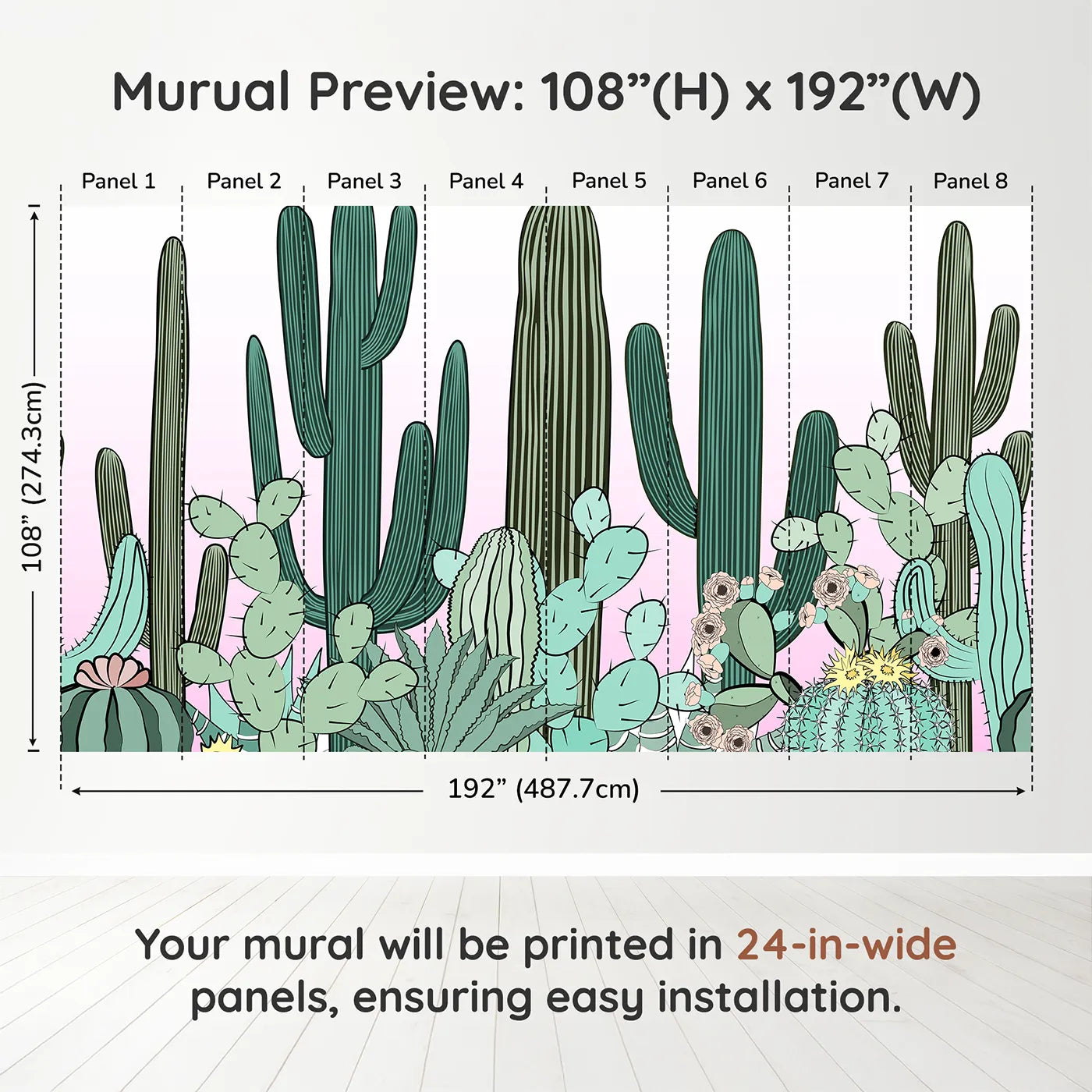 Whimsy Tots Cactus Garden Border Wall Muraldimension view (108" H x 192" W). Printed in eight 24-inch-wide panels. Gender-Neutral