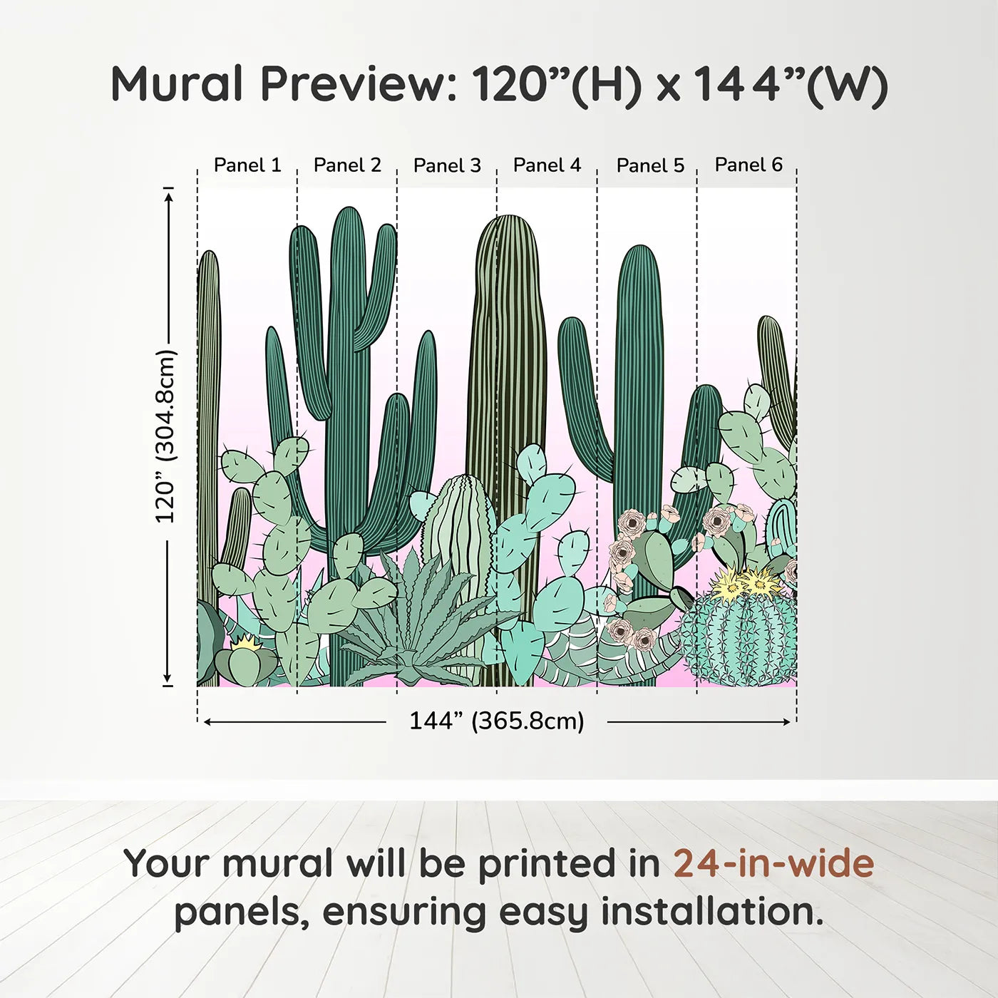 Whimsy Tots Cactus Garden Border Wall Muraldimension view (120" H x 144" W). Printed in six 24-inch-wide panels. Gender-Neutral
