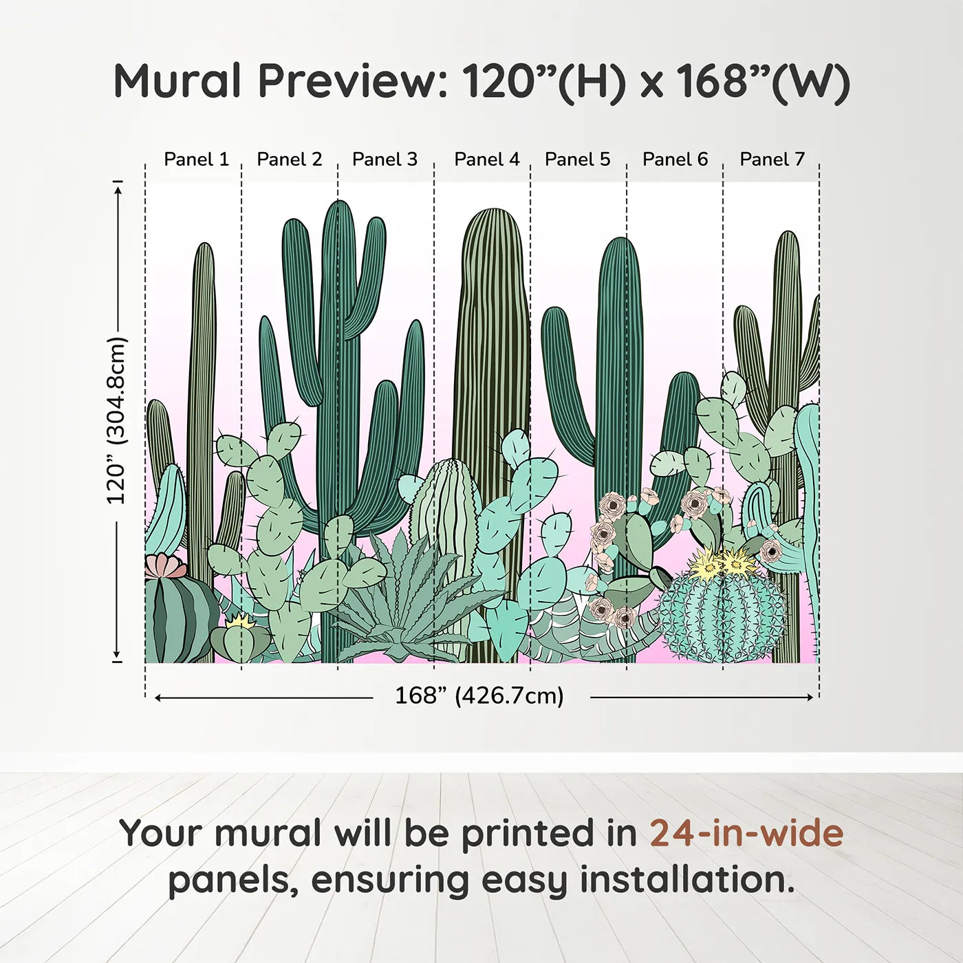 Whimsy Tots Cactus Garden Border Wall Muraldimension view (120" H x 168" W). Printed in seven 24-inch-wide panels. Gender-Neutral