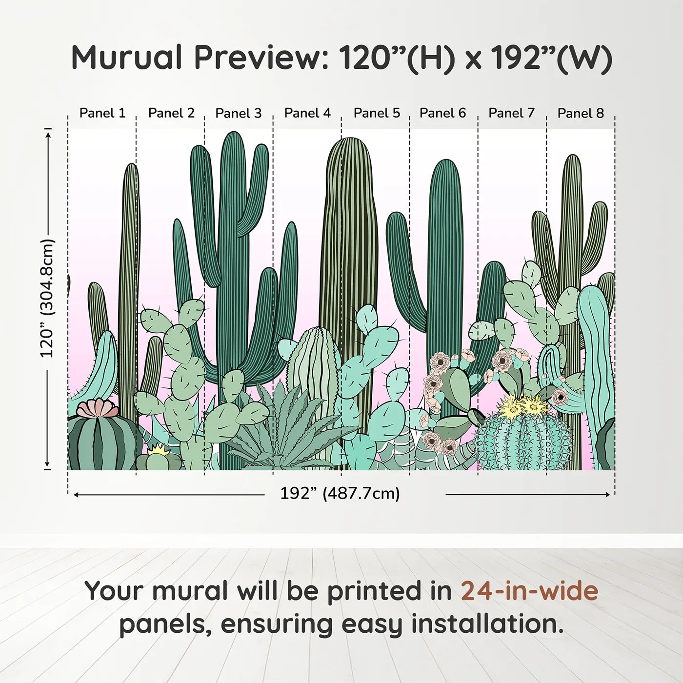 Whimsy Tots Cactus Garden Border Wall Muraldimension view (120" H x 192" W). Printed in eight 24-inch-wide panels. Gender-Neutral