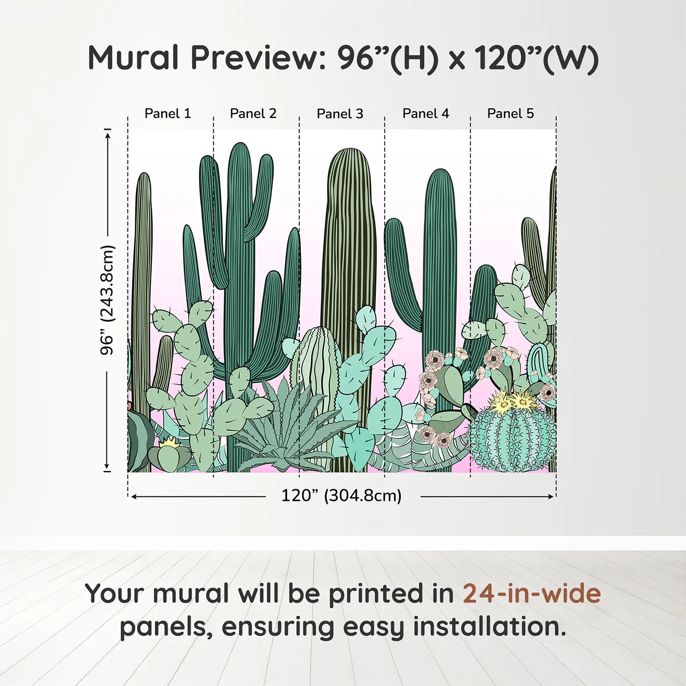 Whimsy Tots Cactus Garden Border Wall Muraldimension view (96" H x 120" W). Printed in five 24-inch-wide panels. Gender-Neutral