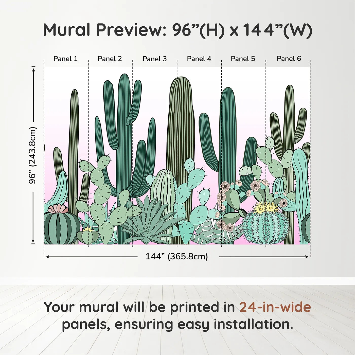 Whimsy Tots Cactus Garden Border Wall Muraldimension view (96" H x 144" W). Printed in six 24-inch-wide panels. Gender-Neutral