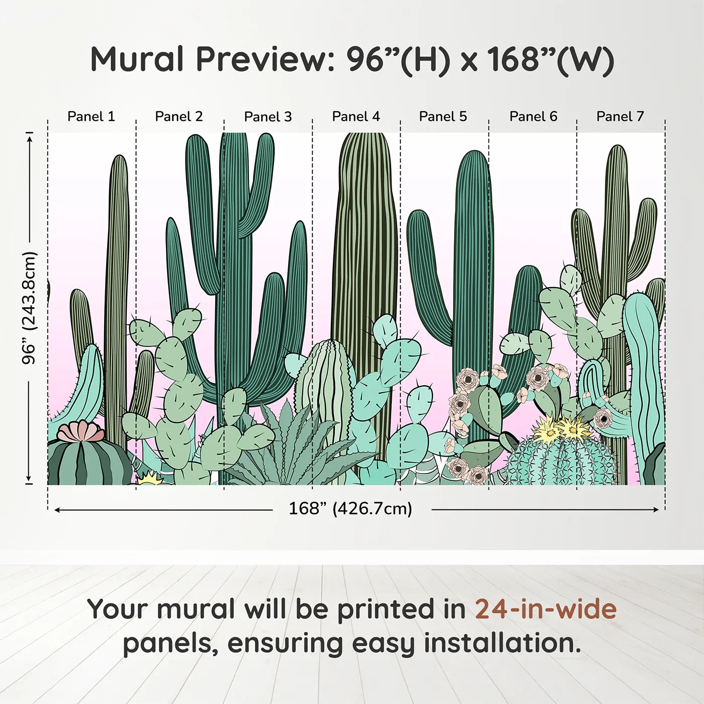 Whimsy Tots Cactus Garden Border Wall Muraldimension view (96" H x 168" W). Printed in seven 24-inch-wide panels. Gender-Neutral