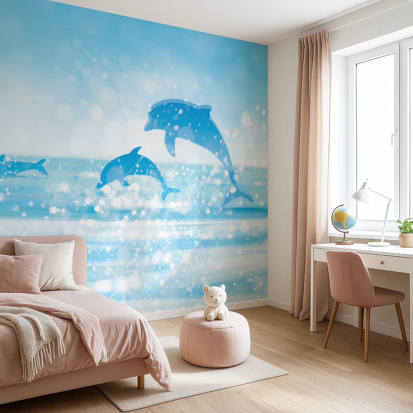 Angled view of Whimsy Tots' Sparkling Dolphin Bay Wall Mural (Turn Their Room into a Magical, Shimmering Ocean).Gender-Neutral