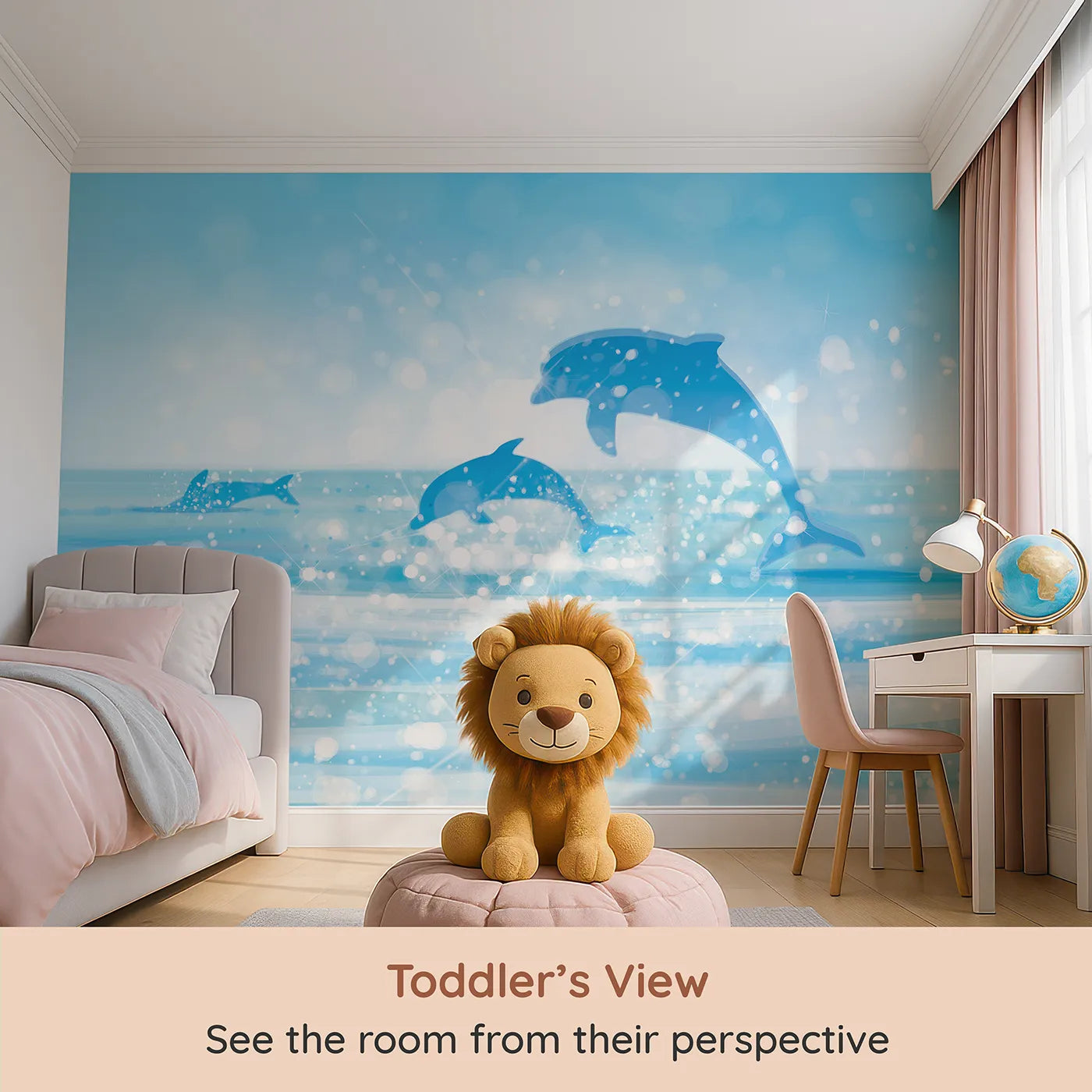 Whimsy Tots Sparkling Dolphin Bay Wall Mural (Turn Their Room into a Magical, Shimmering Ocean) from your child's view.Gender-Neutral