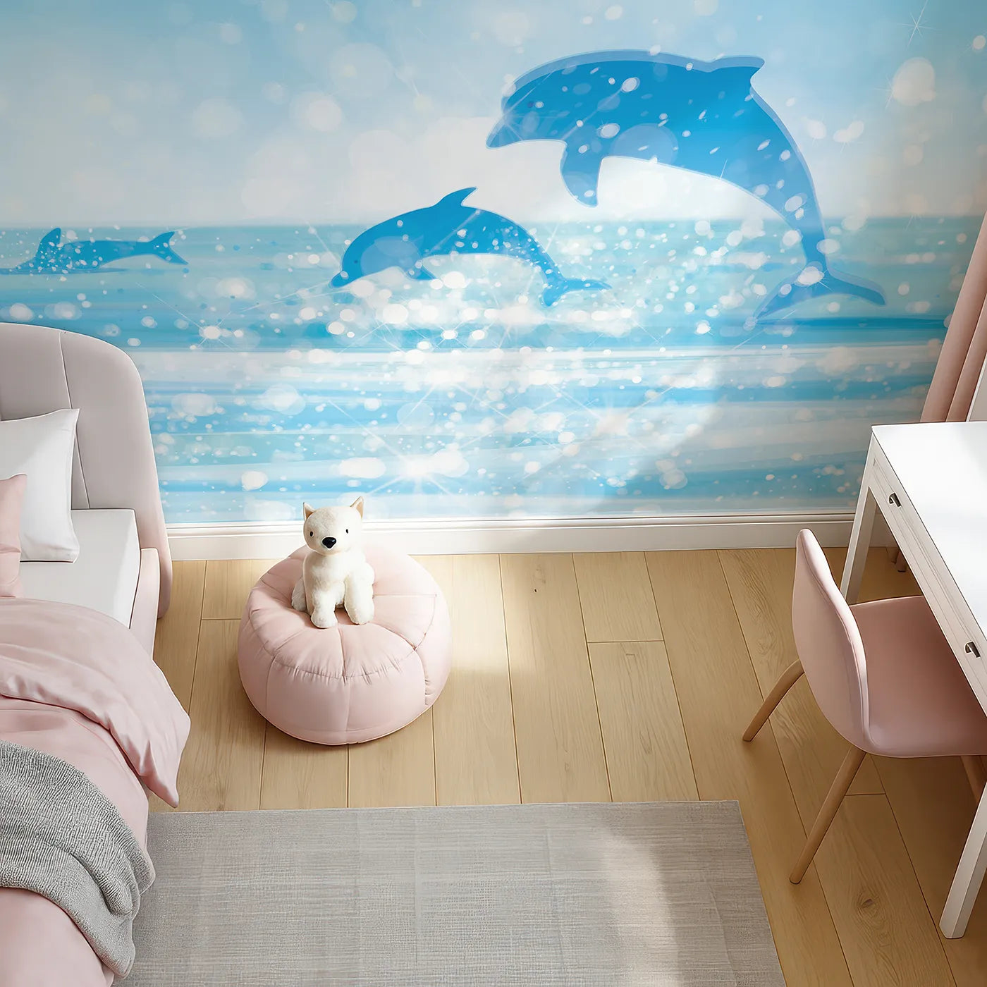 Top-down view of Whimsy Tots' Sparkling Dolphin Bay Wall Mural (Turn Their Room into a Magical, Shimmering Ocean).Gender-Neutral