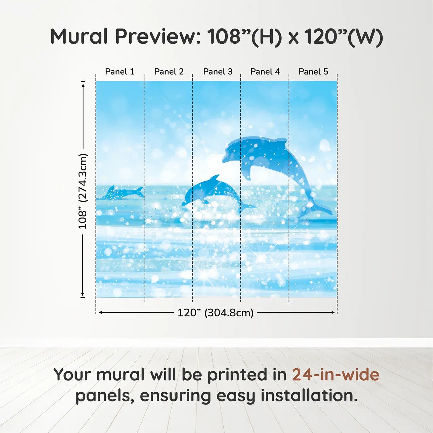 Whimsy Tots Sparkling Dolphin Bay Wall Muraldimension view (108" H x 120" W). Printed in five 24-inch-wide panels. Gender-Neutral