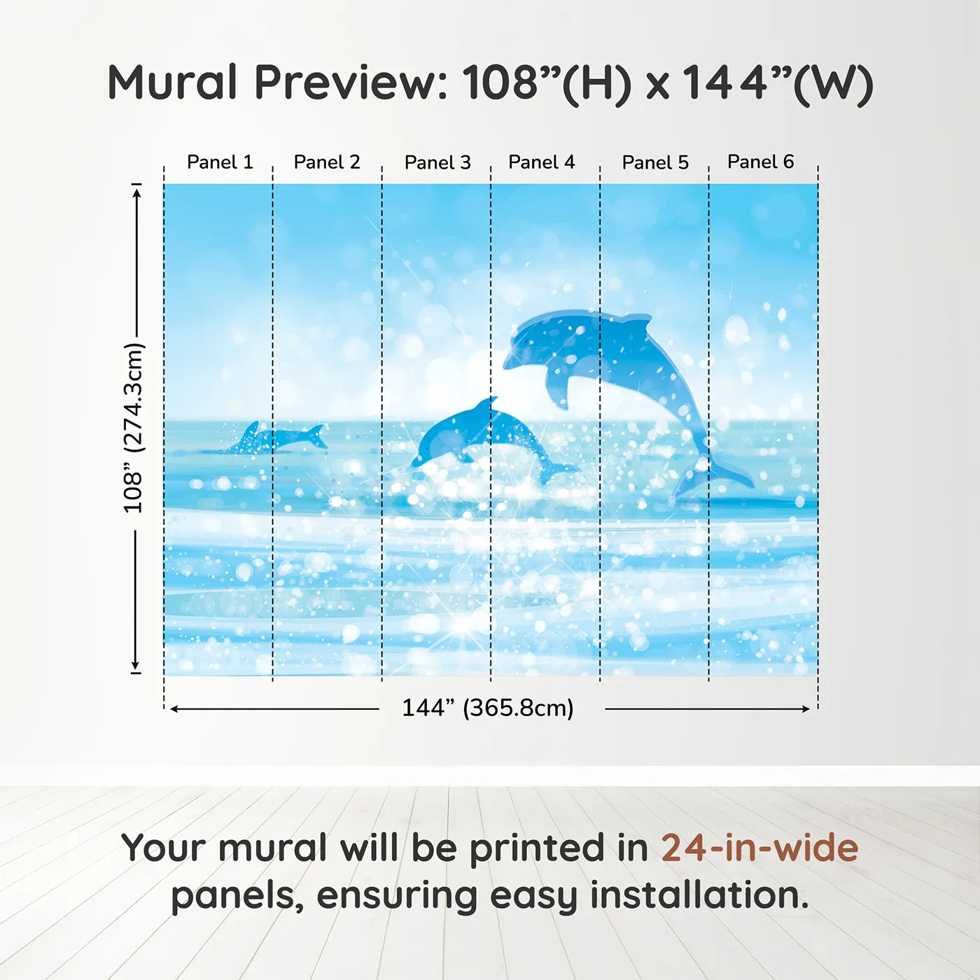 Whimsy Tots Sparkling Dolphin Bay Wall Muraldimension view (108" H x 144" W). Printed in six 24-inch-wide panels. Gender-Neutral